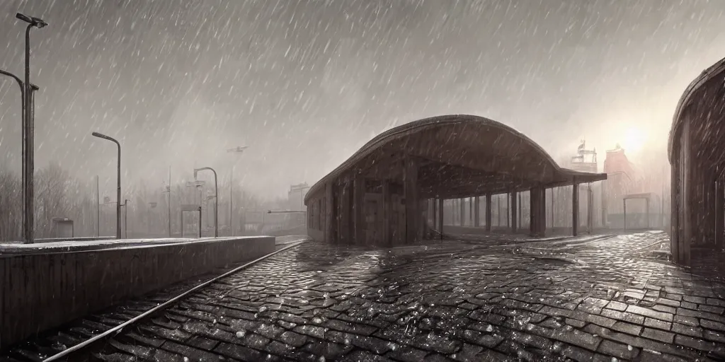 Prompt: hyper realistic render of soviet era 1 9 5 0's brutalism train station, located in the snow, puddles of water, by kait kybar, ivan shishkin, sunset, foggy, stunning skies, volumetric lighting, sharp focus, hyper detailed, digital art, cryengine