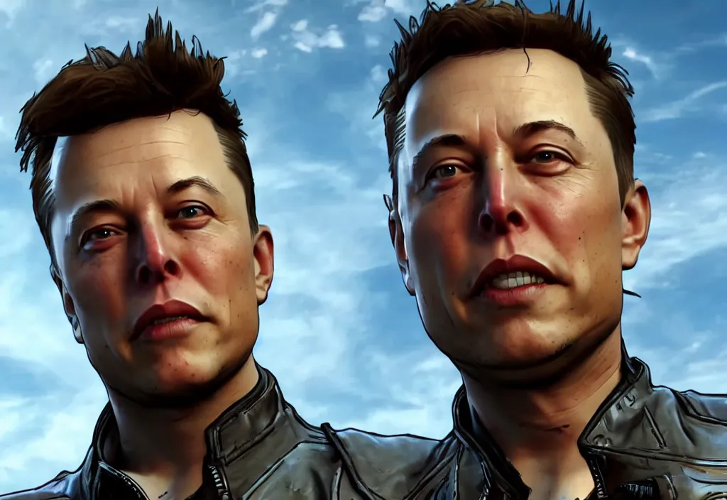 Image similar to elon musk in borderlands elon musk in the video game borderlands, gameplay screenshot, close up, 3 d rendering. unreal engine. amazing likeness. very detailed.