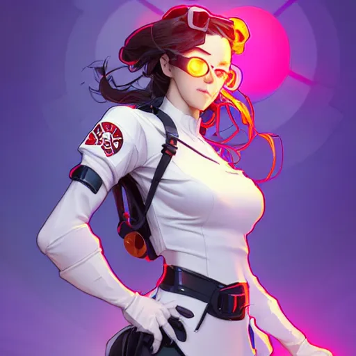 Prompt: a full body character design by artgerm, cushart krenz, ross tran, alphonse mucha. cute mad scientist girl!! shoulder mounted canon gun bazooka!! futuristic lab coat!! bold outline sharp edges. ultra clear detailed. 8 k. elegant, neon colors, dynamic angle, intricate complexity, epic composition, action pose, cinematic lighting masterpiece