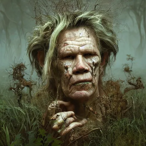 Image similar to rotten stem formed like the face of nick nolte in the swamp, at dusk, misty athmosphere, ultra realistic, concept art, intricate details, eerie, highly detailed, photorealistic, octane render, 8 k, unreal engine. art by ed binkley and ellen jewett and artgerm and greg rutkowski and alphonse mucha