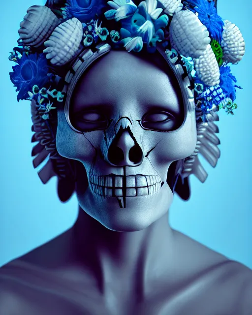 Image similar to hyperrealistic award winning photo of a tribal cyberpunk woman wearing ivory carved skull as helmet with blue and white flowers growing out of the skull by beeple