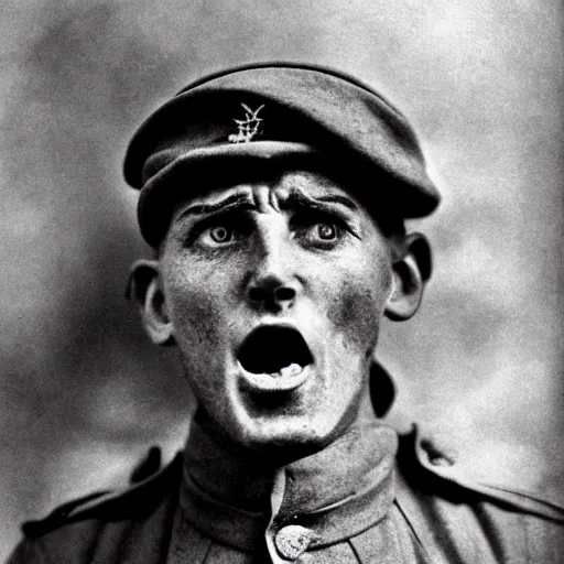 Prompt: horrified screaming World War 1 soldier, portrait, black and white photography