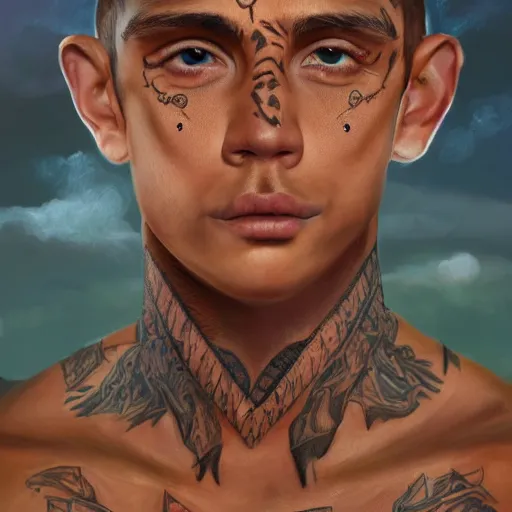Image similar to a detailed portrait of a tan boy with a small face tattoo in the desert, fantasy art illustration, incredibly highly detailed and realistic, 8 k, sharp focus