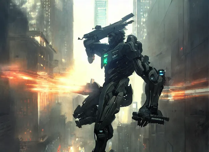 Image similar to samuel rodriguez from metal gear rising revengeance in the city by greg rutkowski