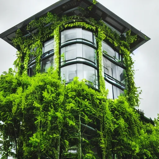 Prompt: a building little bit covered with small green leaves under a cloudy sky,high detailes