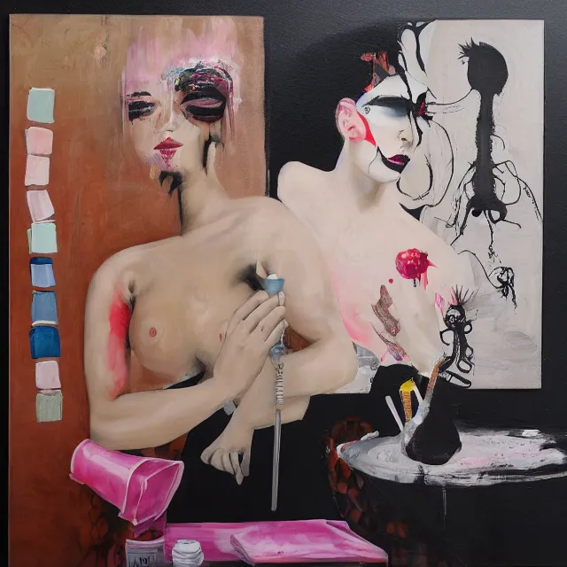 Image similar to sensual, a portrait in a female art student's bedroom, black walls, a woman drinking coffee, pancakes, maple syrup dripping, chocolate, surgical supplies, ikebana, octopus, neo - expressionism, surrealism, acrylic and spray paint and oilstick on canvas