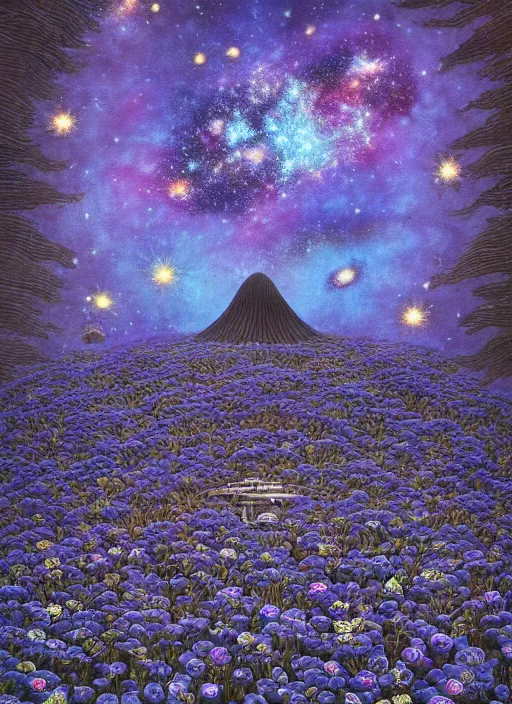 Image similar to detailed, intricate blue black and purple papaverum flower on the field, nebula, galaxy in the sky, winning award masterpiece, fantastically beautiful, illustration, aestheticly inspired, jacek yerka, upscale with anguissola sofonisba work, artstation, 8 k