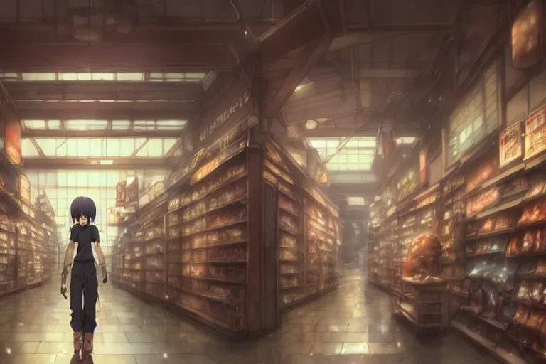 Image similar to a humanoid creature hybrid running through a convienince store, center of the shot, horror, by makoto shinkai an krenz cushart