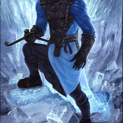 Prompt: a blue tiefling man frozen in a block of ice and being shattering into a million pieces, block of ice breaking apart, wearing dark cloths, ice block, cracked, destroyed, shattering, breaking, by Tony Sart, detailed, realistic, masterpiece