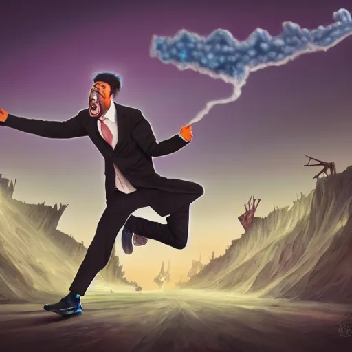 Prompt: comedian in suit and tie performing in a battle-field, stand-up comedian, dead laughing bodies on the ground, nuclear cloud in the far horizon, fantasy, intricate, highly detailed, digital painting, trending on artstation, concept art, smooth, sharp focus