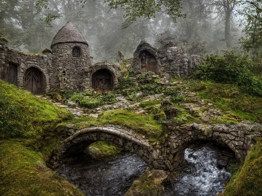 Image similar to medieval hobbit home, ornate, beautiful, atmosphere, vibe, mist, smoke, chimney, rain, wet, pristine, puddles, waterfall, melting, snow, creek, lush, ice, bridge, forest, flowers, james jean