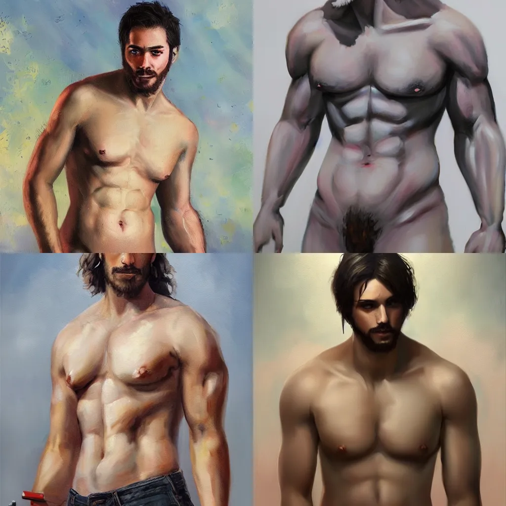 Prompt: a beautiful painting of a barechested man, husky build, trending on artstation