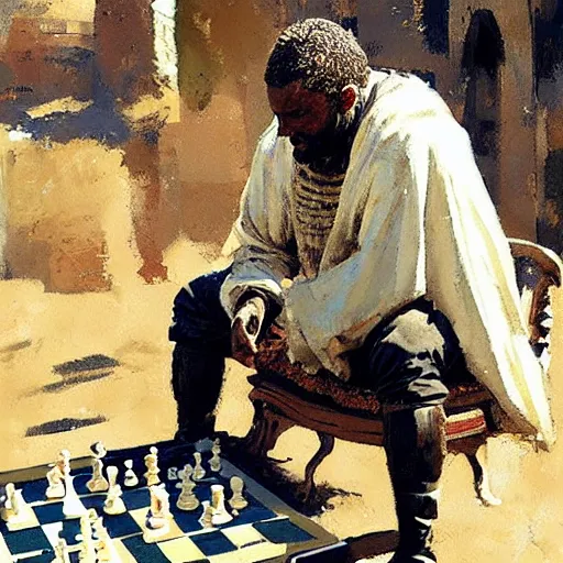 Image similar to portrait of black man wearing medieval clothes playing chess, detailed by greg manchess, craig mullins, bernie fuchs, walter everett