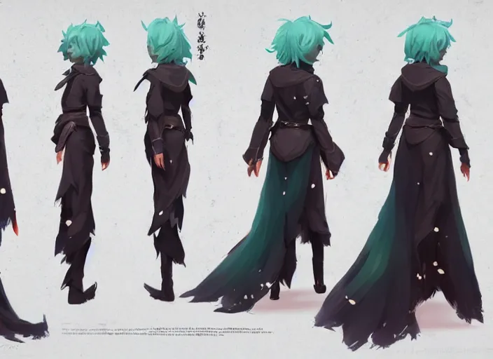 Prompt: character sheet for a beautiful and cute girl for genshin impact by greg rutkowski, black to light green fade hair, genshin impact style, sorcerer magic witch, by studio ghibli, digital art, trending on artstation, hd, 8 k, highly detailed, good lighting, beautiful, masterpiece