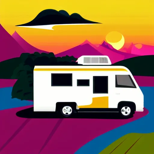 Prompt: vector art of a white and black cute thor chateau! motorhome camper!!, highway, mountains and colorful sunset!!, very very happy, dramatic motion, warm colors, crisp lines, very minimal vector art, sticker!! by tom whalen