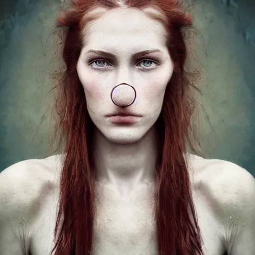 Image similar to a portrait photograph of a female angel by Alessio Albi, beautiful full face, symmetrical face, artstation,deviantart,hyperrealism, green eyes, long red hair,a small nose:1