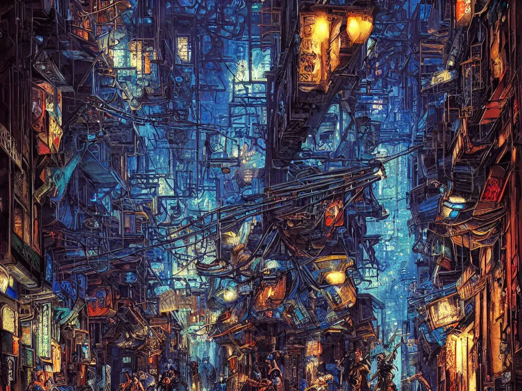 Prompt: shadows of a cyberpunk gang in the alleyway between buildings at night, graffiti, fine detail, intricate, polished, smooth, ultradetailed, blue color scheme, digital art, illustration, impressionist, by john smith and noriyoshi ohrai and george luks