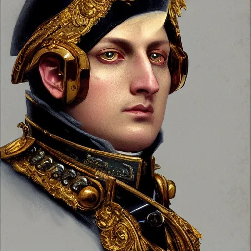 Image similar to portrait of divine emperor napoleon bonaparte, handsome, tall, dieselpunk steampunk napoleonic french baroque, metal shoulder pauldrons, intricate, highly detailed, digital painting, artstation, concept art, sharp focus, cinematic lighting, illustration, art by artgerm and greg rutkowski, alphonse mucha, cgsociety