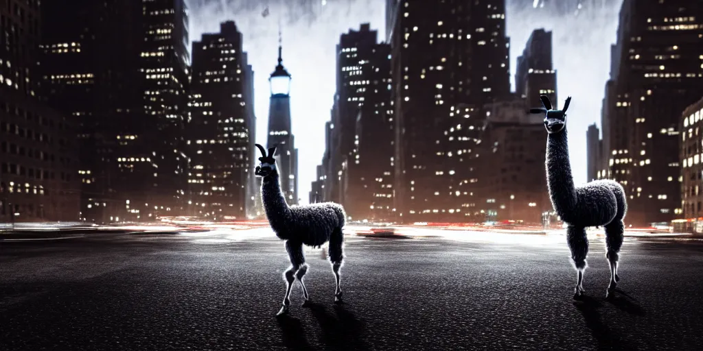 Image similar to a llama walking through a desolate manhattan city street at night, statue of liberty seen in the background, realistic 4 k octane beautifully detailed render, 4 k post - processing, highly detailed, detailed face, intricate complexity, epic composition, magical atmosphere, cinematic lighting, masterpiece, color picture, ultra hd