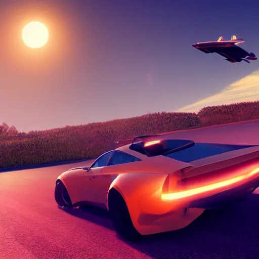 Prompt: a car is flying in front of a bright orange sun, a raytraced image by Mārtiņš Krūmiņš, featured on cg society, space art, outrun, #screenshotsaturday, octane render