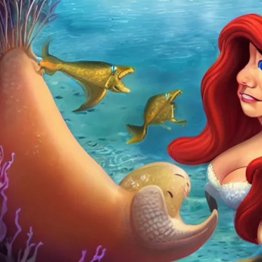 Prompt: An unsettlingly realistic portrait of a hybrid of Asmongold as The Little Mermaid.