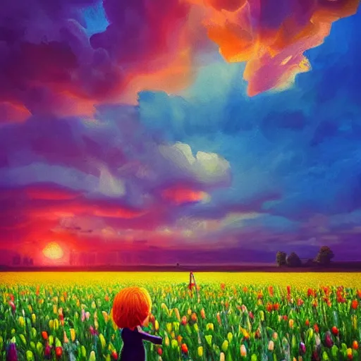 Prompt: girl with a single giant tulip as a head, surreal photography, flower field, sunset dramatic light, impressionist painting, colorful clouds, blue sky, digital painting, artstation, simon stalenhag