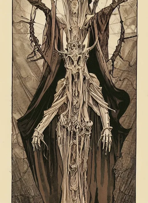 Prompt: cloaked demon oracle wise beautiful woman armor muted fall colors, robes veil jewelry, tentacles exposed bones, horns palace on a throne of bones lithograph, engraving, etching, printmaking, exposed bones, occult, tarot, octane ,caravaggio alphonse mucha, long boney limbs, erroded, rough condition, beautiful