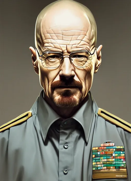 Prompt: portrait of walter white in uniform, elegant, highly detailed, ray tracing, digital painting, artstation, concept art, smooth, sharp focus, illustration, art by artgerm and greg rutkowski and alphonse mucha, 8 k