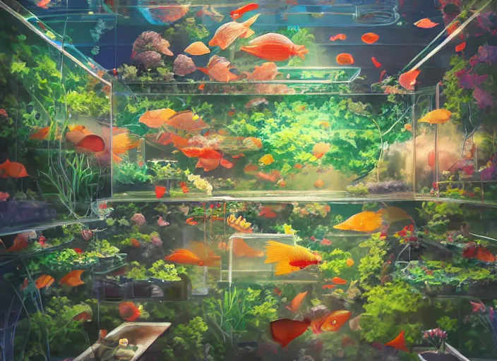 Image similar to arrays of betta tanks, pleasing two - point - perspective anime background clean neat clarity professional visual development set design, tiny cozy store with hanging bird cages and bright fish aquariums, sparse planted terrariums, dim painterly lighting volumetric aquatics, impasto, trending on pixiv