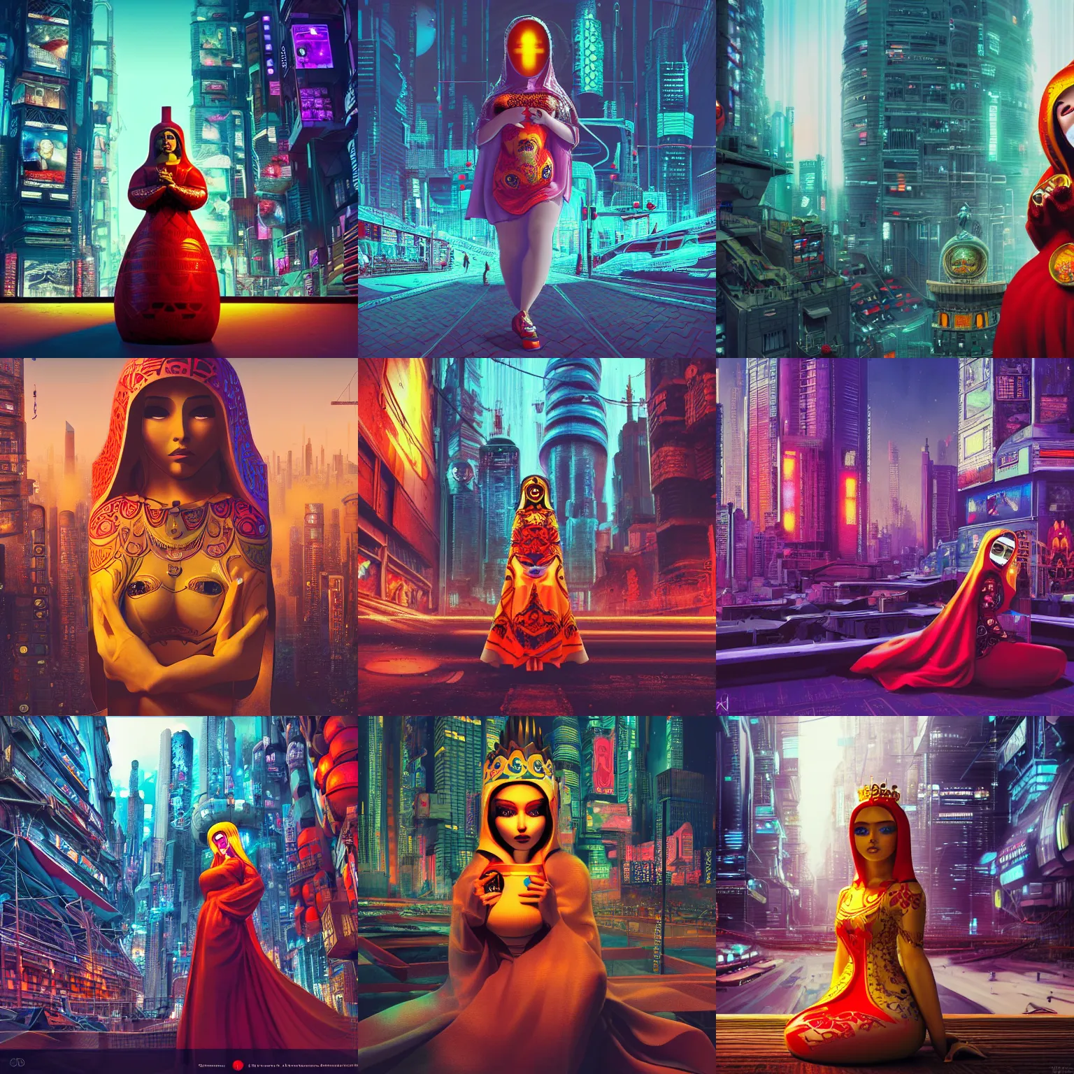 Prompt: Beautiful 3d render of thematryoshka queen goddess in a sensual pose, in the style of Dan Mumford, with a crowded futuristic cyberpunk city in the background, astrophotgraphy