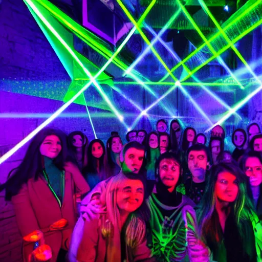 Prompt: a group of people in a room with green laser lights, a hologram by alesso baldovinetti, cg society, holography, glowing neon, glowing lights, kinetic