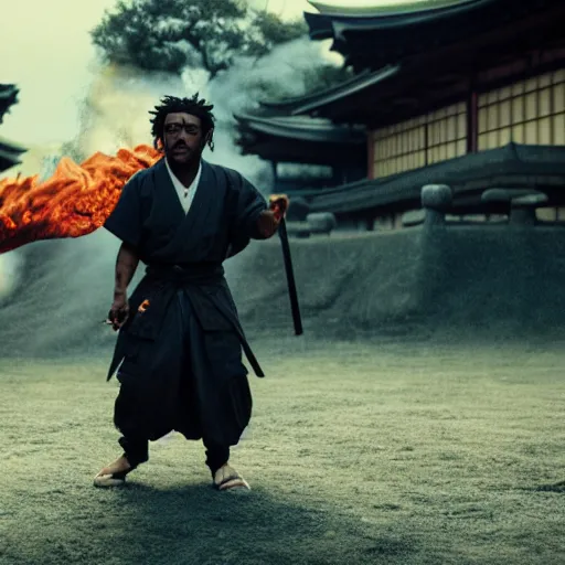 Image similar to cinematic film still of Lil Uzi starring as a Samurai holding fire, Japanese CGI, VFX, 2022, 40mm lens, shallow depth of field, film photography