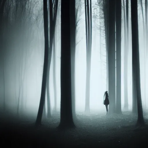 Image similar to long shot of a scary woman wearing all black, standing in the forest, melancholic, dreary, horror, creepy, glows, dark lighting, ambient lights, cinematic lighting, sinister, digital art,