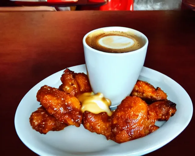 Image similar to A cup of coffee and hot wings covered in cheese, Cinematic shot