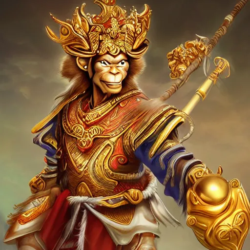 Image similar to a fantasy game portrait of the monkey king. the monkey king has a determined expression and is holding a golden staff. highly detailed and trending on art station.