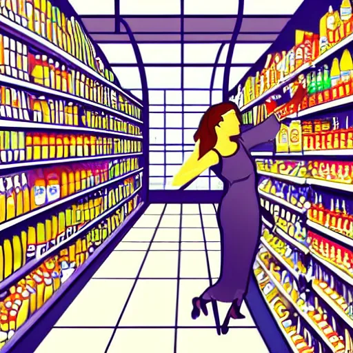 Prompt: storybook illustration of a woman in a supermarket trying to reach for something on the top shelf, storybook illustration, monochromatic