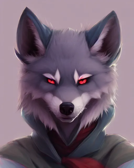 Prompt: character concept art of a dark gray anthropomorphic furry wolf red hair blue eyes | | cute - fine - face, pretty face, key visual, realistic shaded perfect face, fine details by stanley artgerm lau, wlop, rossdraws, james jean, andrei riabovitchev, marc simonetti, and sakimichan, artstation