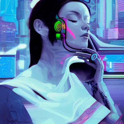 Image similar to a digital painting of a woman with her eyes closed, cyberpunk art by james jean, cgsociety, retrofuturism, anime aesthetic, chromatic, iridescent