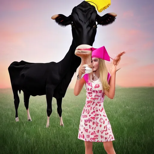 Image similar to a well dressed milkshake wearing a dress next to a brilliant shrimp wearing an academic cap inside the mouth of a cow, digital art, photorealistic