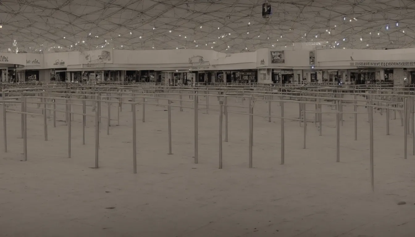 Image similar to empty fair, counters, no people, sad, melancholic, depressing, very detailed, emotional, 4 k