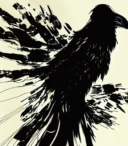 Prompt: Yoji Shinkawa's 'a raven at night', ink and colours on silk, trending on pixiv, zoomed out, monochrome