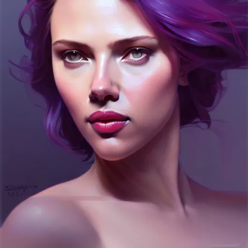 Image similar to portrait of seductive scarlett johanson, purple hair, attractive features, slight smile, highly detailed, digital painting, artstation, concept art, sharp focus, illustration, art by WLOP and greg rutkowski and alphonse mucha and artgerm