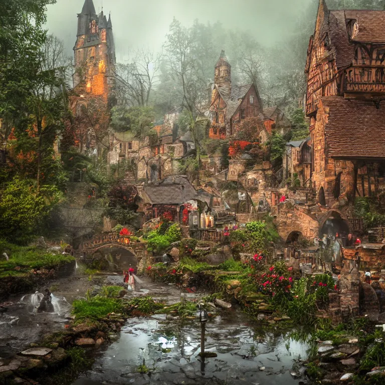 Prompt: medieval village, ornate, beautiful, atmosphere, vibe, mist, smoke, chimney, rain, well, wet, pristine, puddles, red speckled mushrooms, waterfall, melting, dripping, snow, creek, lush, ice, bridge, cart, orange, green, stained glass, forest, flowers, concept art illustration, color page, trending on artstation