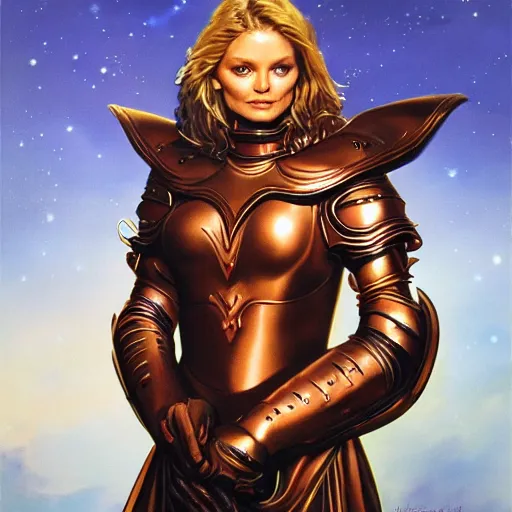 Prompt: portrait of a stunningly beautiful paladin in copper plate armor who looks like young michelle pfeiffer, moonlight in the background by boris vallejo and julie bell, full body, soft lighting, HD, elegant, intricate, masterpiece