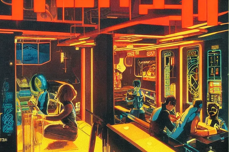 Image similar to 1979 OMNI Magazine Cover of a cozy bar interior in neo-tokyo in cyberpunk style by Vincent Di Fate. Product advertisement