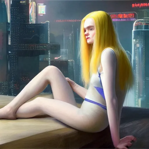 Image similar to Painting of Elle Fanning in Cyberpunk 2077, long blonde hair, delicate, pale milky white porcelain skin, by Edward Hopper. 8K. Extremely detailed.