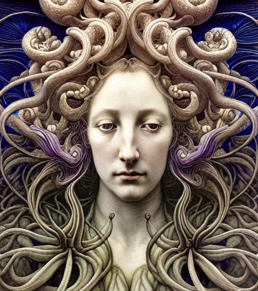 Image similar to detailed realistic beautiful flower goddess face portrait by jean delville, gustave dore, iris van herpen and marco mazzoni, art forms of nature by ernst haeckel, art nouveau, symbolist, visionary, gothic, neo - gothic, pre - raphaelite, fractal lace, intricate alien botanicals, ai biodiversity, surreality, hyperdetailed ultrasharp octane render