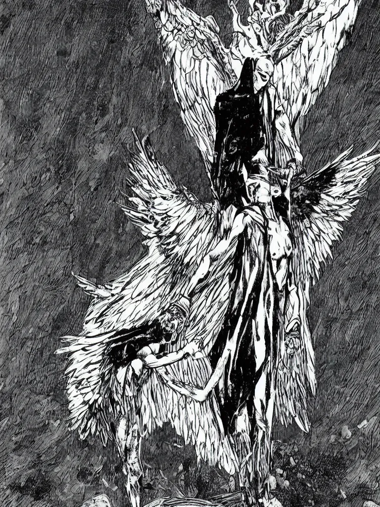 Prompt: a shaman standing on the edge of a cliff wearing a cape made of wings, by guido crepax