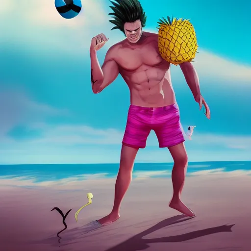 Image similar to Michael Meyers on the beach in swimming trunks with pineapple design holding a pink flamingo volleyball, hyperdetailed, artstation, cgsociety, 8k