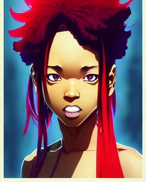 Prompt: black super hero girl | very very anime!!!, fine - face, jill scott, red afro, realistic shaded perfect face, fine details. anime. realistic shaded lighting poster by ilya kuvshinov katsuhiro otomo ghost - in - the - shell, magali villeneuve, artgerm, jeremy lipkin and michael garmash and rob rey